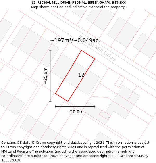 12, REDNAL MILL DRIVE, REDNAL, BIRMINGHAM, B45 8XX: Plot and title map