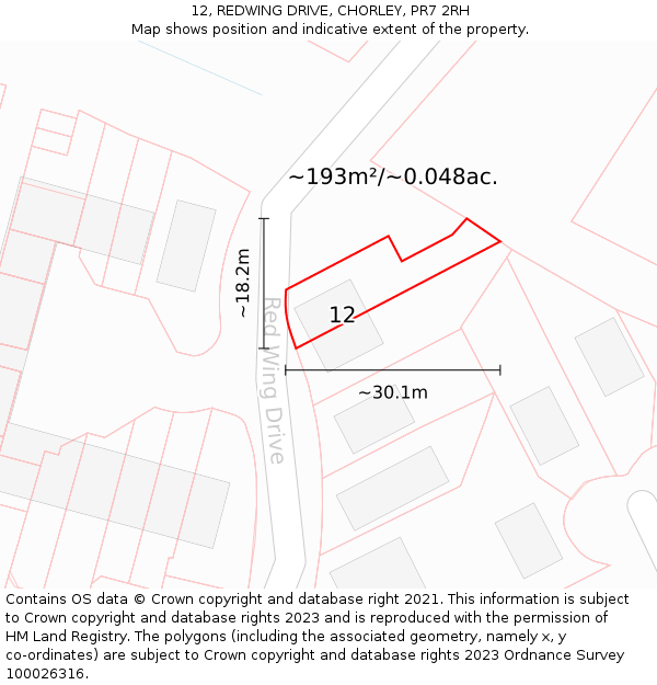 12, REDWING DRIVE, CHORLEY, PR7 2RH: Plot and title map