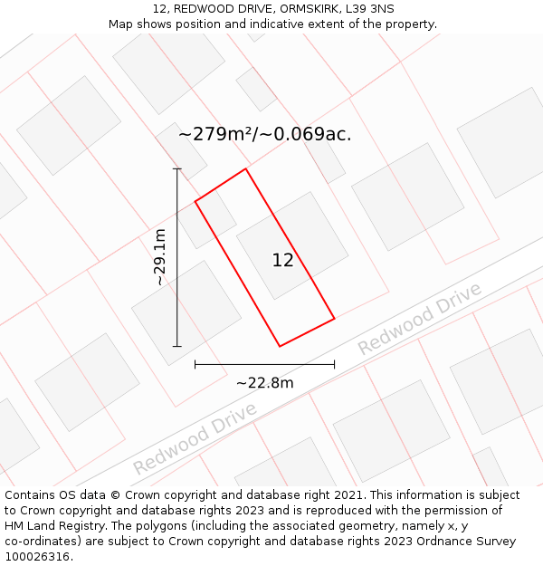 12, REDWOOD DRIVE, ORMSKIRK, L39 3NS: Plot and title map