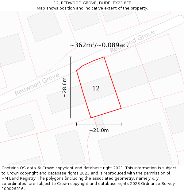 12, REDWOOD GROVE, BUDE, EX23 8EB: Plot and title map