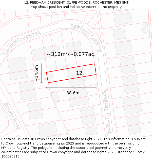 12, REEDHAM CRESCENT, CLIFFE WOODS, ROCHESTER, ME3 8HT: Plot and title map