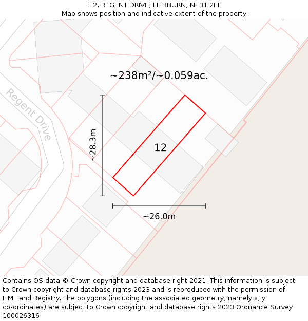 12, REGENT DRIVE, HEBBURN, NE31 2EF: Plot and title map