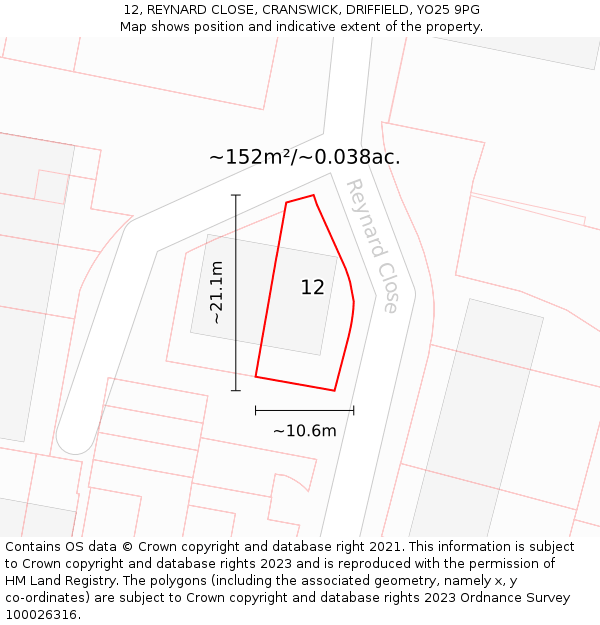 12, REYNARD CLOSE, CRANSWICK, DRIFFIELD, YO25 9PG: Plot and title map