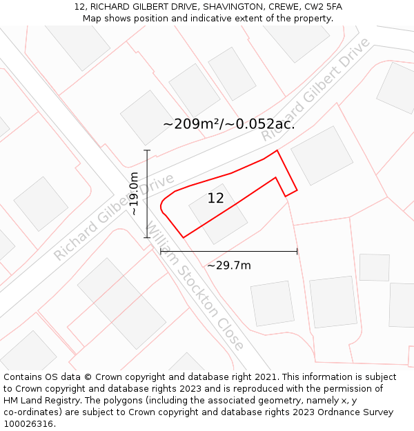 12, RICHARD GILBERT DRIVE, SHAVINGTON, CREWE, CW2 5FA: Plot and title map