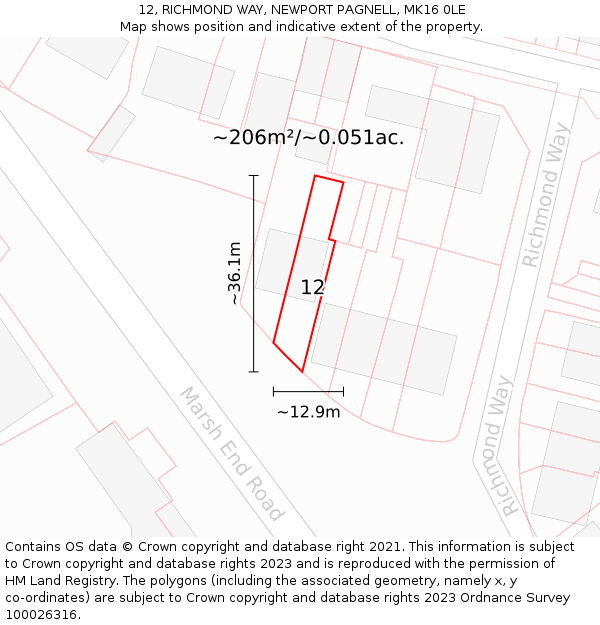 12, RICHMOND WAY, NEWPORT PAGNELL, MK16 0LE: Plot and title map