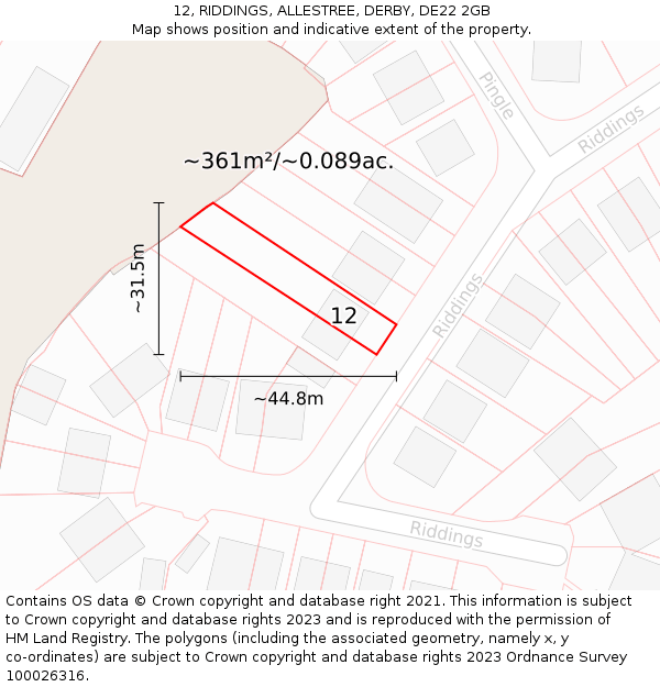 12, RIDDINGS, ALLESTREE, DERBY, DE22 2GB: Plot and title map