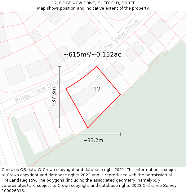 12, RIDGE VIEW DRIVE, SHEFFIELD, S9 1EF: Plot and title map