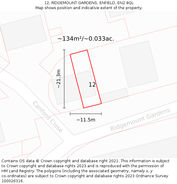 12, RIDGEMOUNT GARDENS, ENFIELD, EN2 8QL: Plot and title map