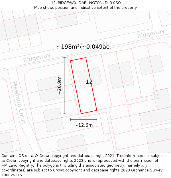 12, RIDGEWAY, DARLINGTON, DL3 0SQ: Plot and title map