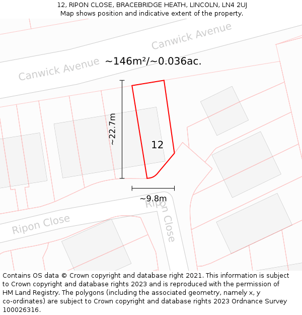 12, RIPON CLOSE, BRACEBRIDGE HEATH, LINCOLN, LN4 2UJ: Plot and title map
