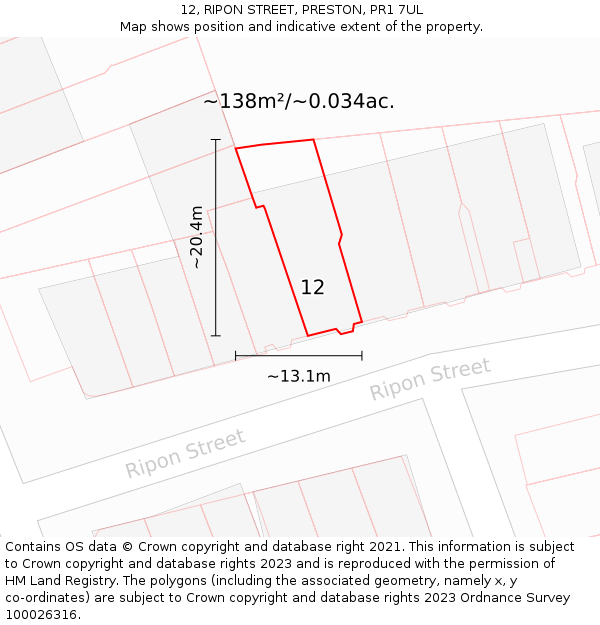 12, RIPON STREET, PRESTON, PR1 7UL: Plot and title map