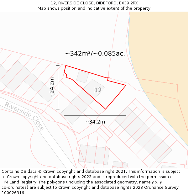 12, RIVERSIDE CLOSE, BIDEFORD, EX39 2RX: Plot and title map