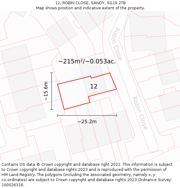 12, ROBIN CLOSE, SANDY, SG19 2TB: Plot and title map