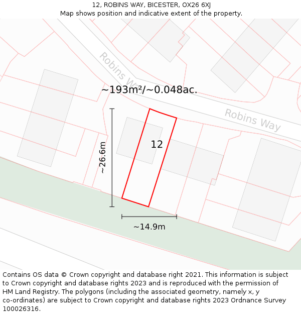 12, ROBINS WAY, BICESTER, OX26 6XJ: Plot and title map