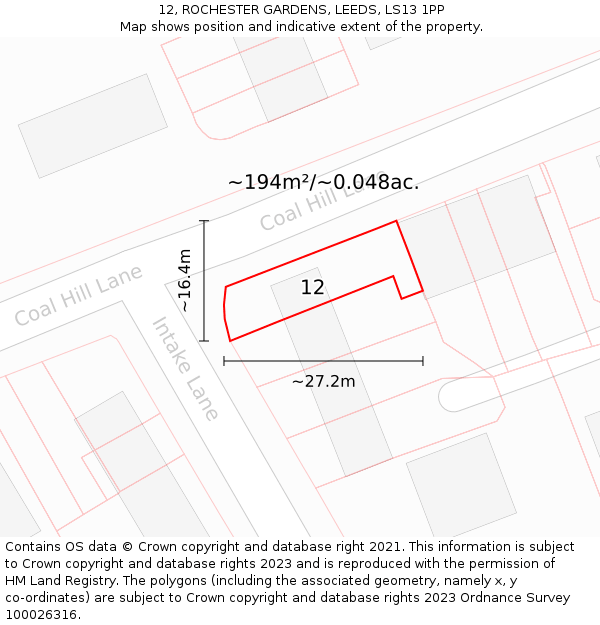 12, ROCHESTER GARDENS, LEEDS, LS13 1PP: Plot and title map