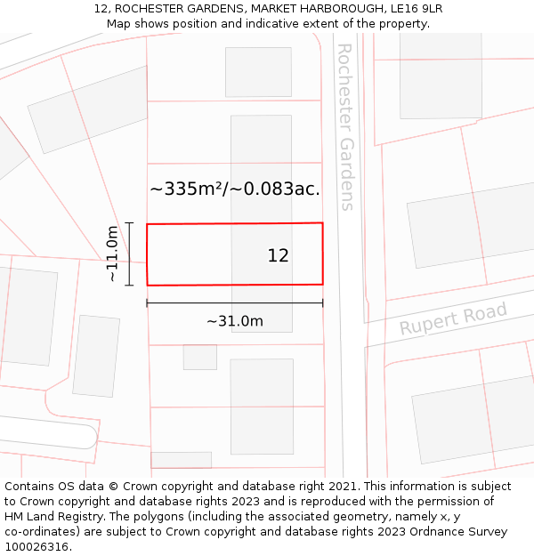 12, ROCHESTER GARDENS, MARKET HARBOROUGH, LE16 9LR: Plot and title map