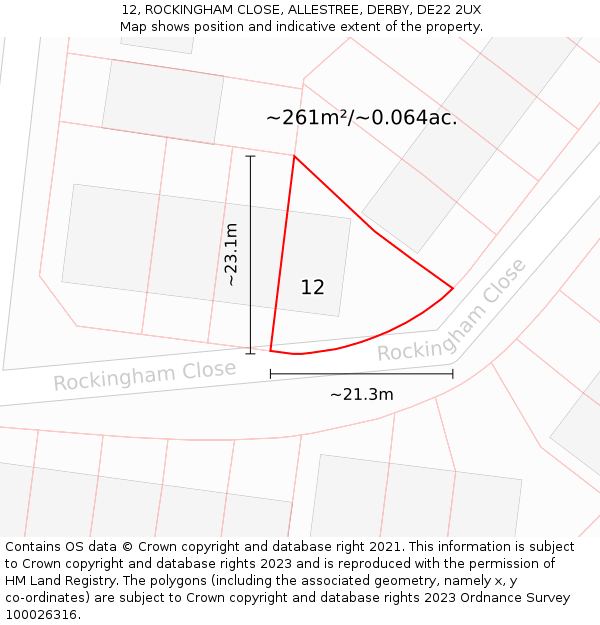 12, ROCKINGHAM CLOSE, ALLESTREE, DERBY, DE22 2UX: Plot and title map