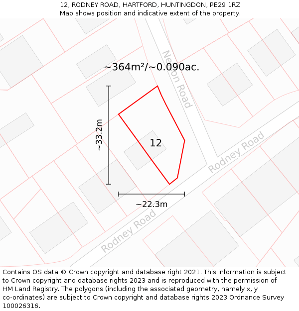 12, RODNEY ROAD, HARTFORD, HUNTINGDON, PE29 1RZ: Plot and title map