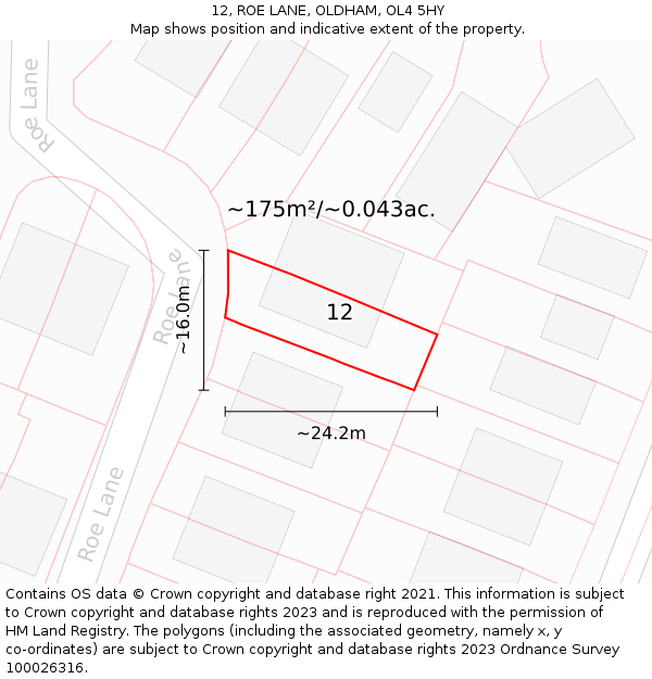 12, ROE LANE, OLDHAM, OL4 5HY: Plot and title map