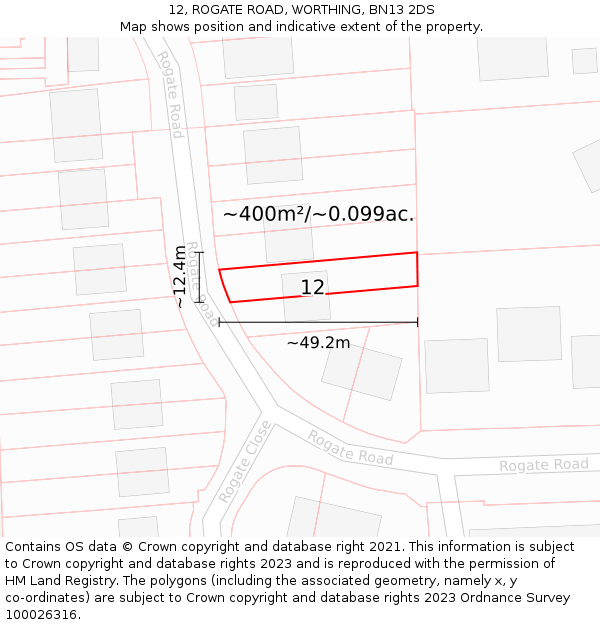 12, ROGATE ROAD, WORTHING, BN13 2DS: Plot and title map
