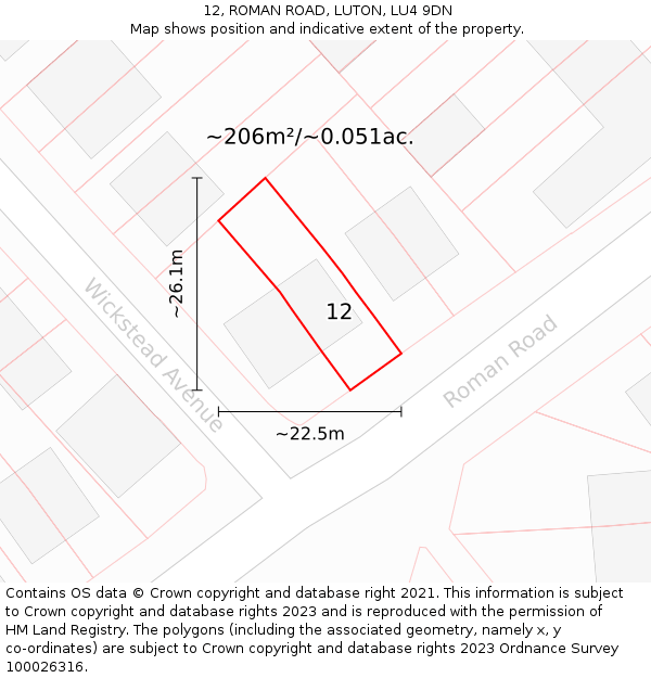 12, ROMAN ROAD, LUTON, LU4 9DN: Plot and title map