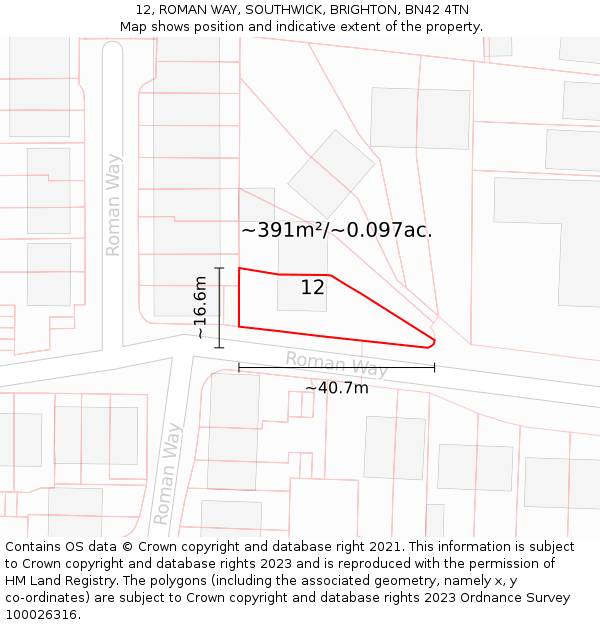 12, ROMAN WAY, SOUTHWICK, BRIGHTON, BN42 4TN: Plot and title map