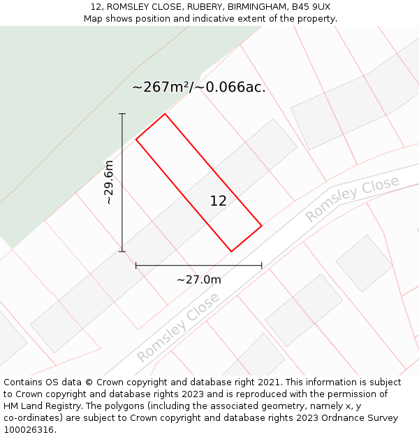 12, ROMSLEY CLOSE, RUBERY, BIRMINGHAM, B45 9UX: Plot and title map