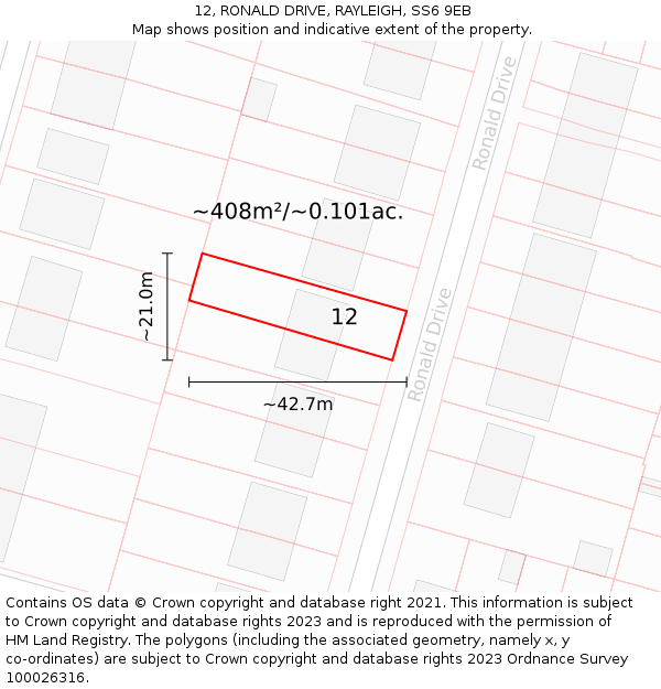 12, RONALD DRIVE, RAYLEIGH, SS6 9EB: Plot and title map