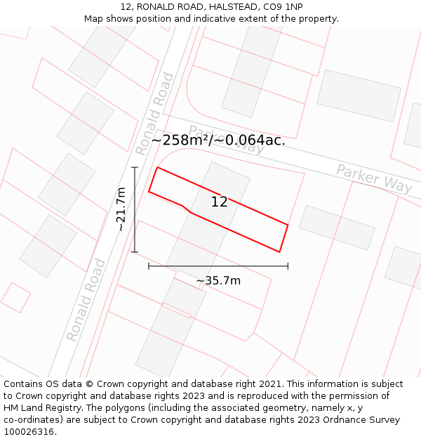 12, RONALD ROAD, HALSTEAD, CO9 1NP: Plot and title map