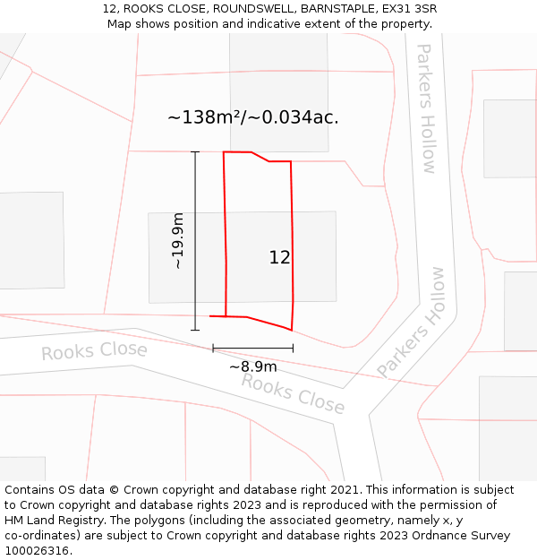 12, ROOKS CLOSE, ROUNDSWELL, BARNSTAPLE, EX31 3SR: Plot and title map
