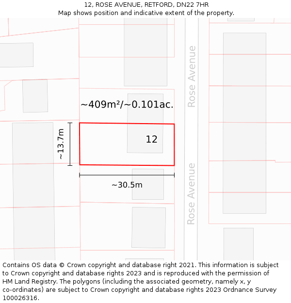 12, ROSE AVENUE, RETFORD, DN22 7HR: Plot and title map