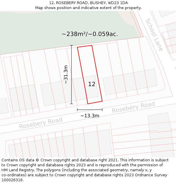 12, ROSEBERY ROAD, BUSHEY, WD23 1DA: Plot and title map