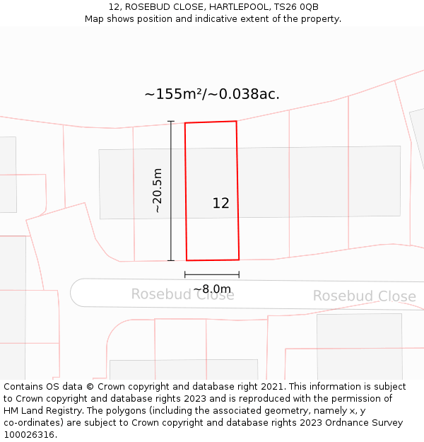 12, ROSEBUD CLOSE, HARTLEPOOL, TS26 0QB: Plot and title map