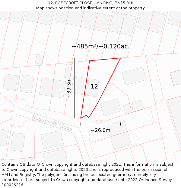 12, ROSECROFT CLOSE, LANCING, BN15 9HL: Plot and title map
