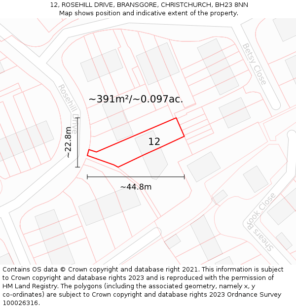 12, ROSEHILL DRIVE, BRANSGORE, CHRISTCHURCH, BH23 8NN: Plot and title map