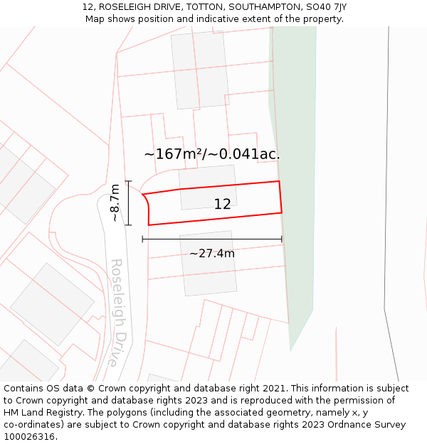12, ROSELEIGH DRIVE, TOTTON, SOUTHAMPTON, SO40 7JY: Plot and title map