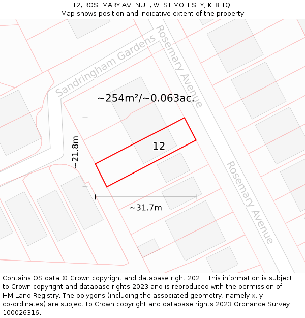 12, ROSEMARY AVENUE, WEST MOLESEY, KT8 1QE: Plot and title map