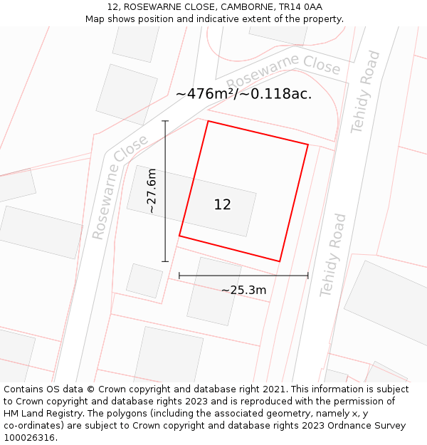 12, ROSEWARNE CLOSE, CAMBORNE, TR14 0AA: Plot and title map