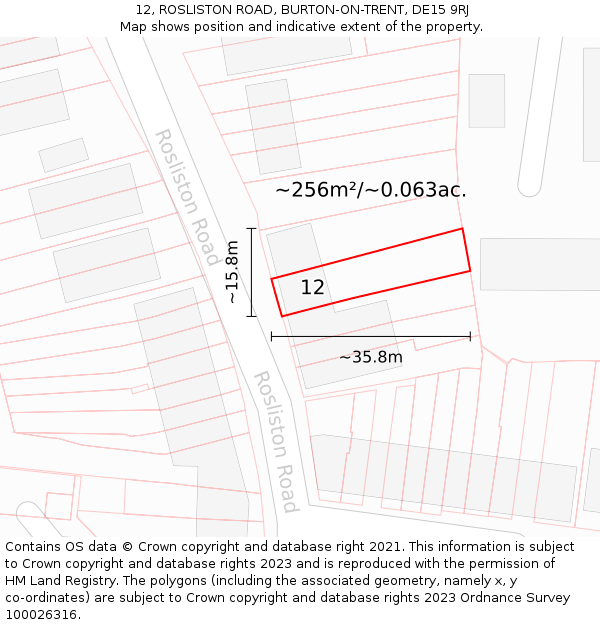 12, ROSLISTON ROAD, BURTON-ON-TRENT, DE15 9RJ: Plot and title map