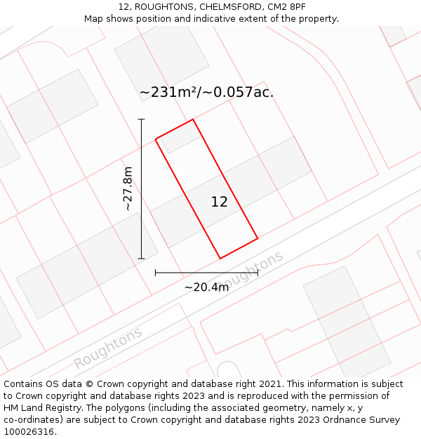 12, ROUGHTONS, CHELMSFORD, CM2 8PF: Plot and title map