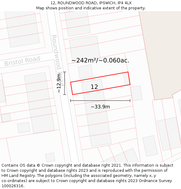 12, ROUNDWOOD ROAD, IPSWICH, IP4 4LX: Plot and title map