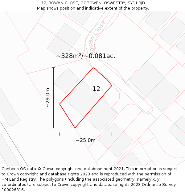 12, ROWAN CLOSE, GOBOWEN, OSWESTRY, SY11 3JB: Plot and title map