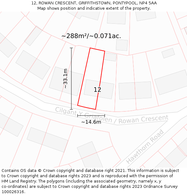 12, ROWAN CRESCENT, GRIFFITHSTOWN, PONTYPOOL, NP4 5AA: Plot and title map