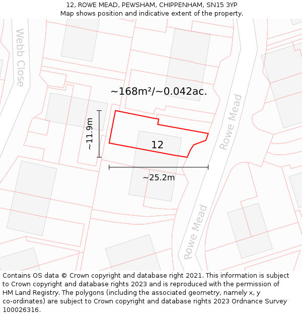 12, ROWE MEAD, PEWSHAM, CHIPPENHAM, SN15 3YP: Plot and title map