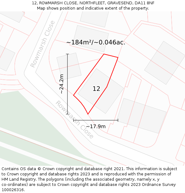 12, ROWMARSH CLOSE, NORTHFLEET, GRAVESEND, DA11 8NF: Plot and title map