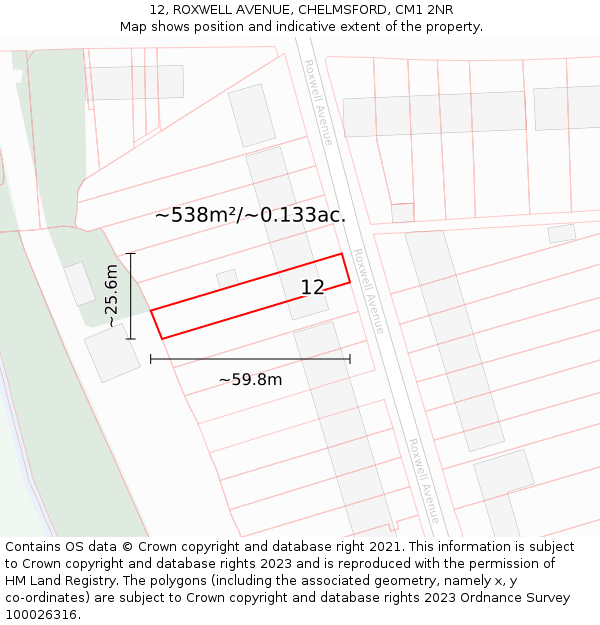 12, ROXWELL AVENUE, CHELMSFORD, CM1 2NR: Plot and title map