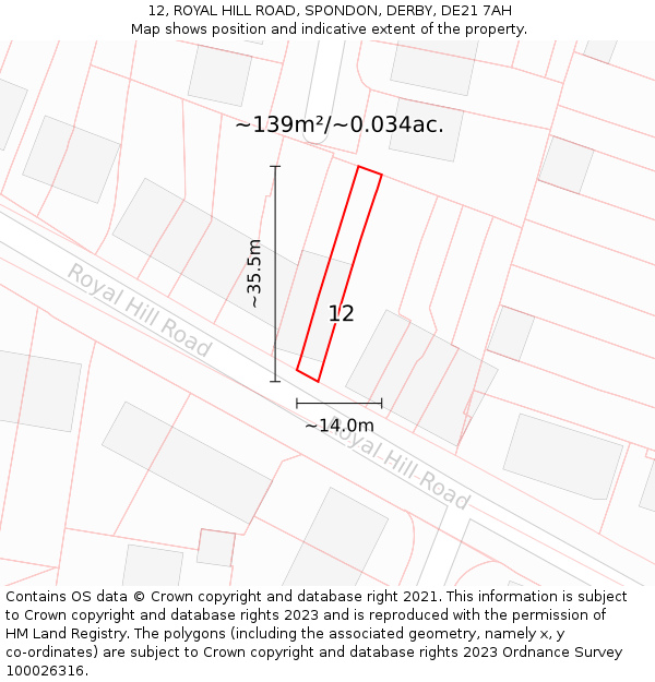 12, ROYAL HILL ROAD, SPONDON, DERBY, DE21 7AH: Plot and title map