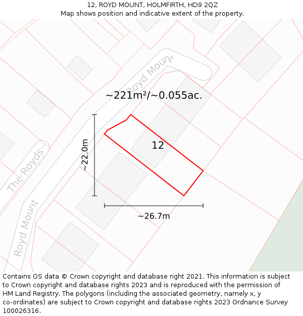 12, ROYD MOUNT, HOLMFIRTH, HD9 2QZ: Plot and title map