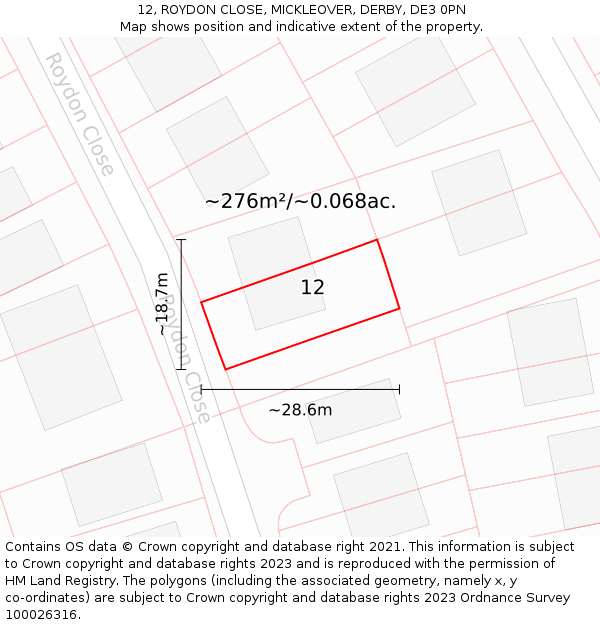 12, ROYDON CLOSE, MICKLEOVER, DERBY, DE3 0PN: Plot and title map
