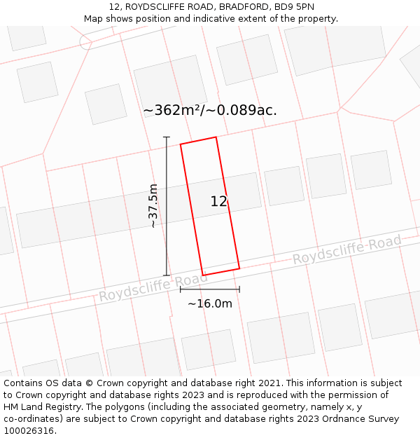 12, ROYDSCLIFFE ROAD, BRADFORD, BD9 5PN: Plot and title map